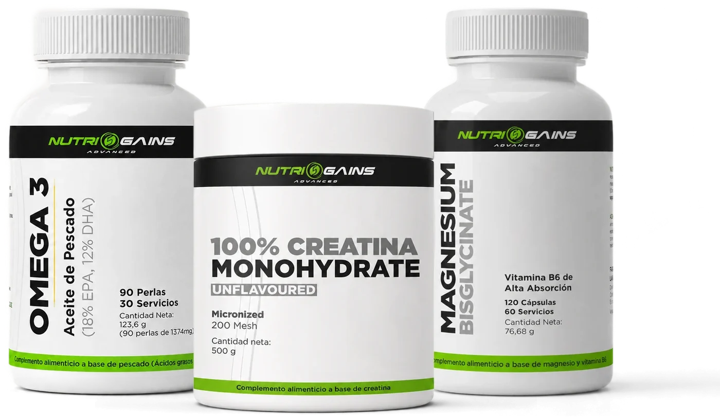 Los tres botes de NG Advanced: Omega-3 del Cantábrico, Creatina Monohidrato 200 mesh y Magnesio Bisglicinato con B6